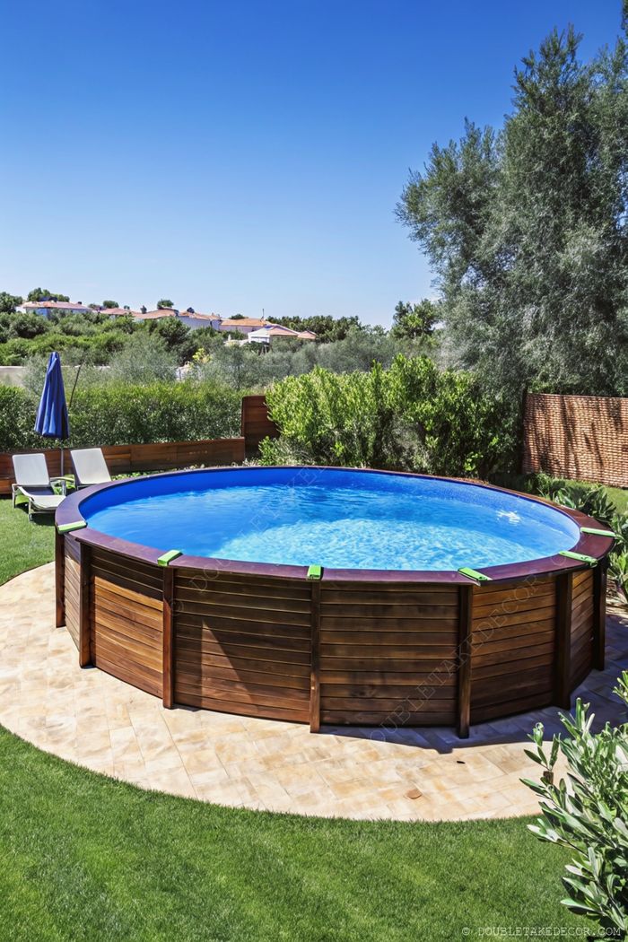 Round above-ground pool with wooden surround on stone patio, featuring lounge chairs, blue umbrella, and lush greenery, perfect for relaxation.