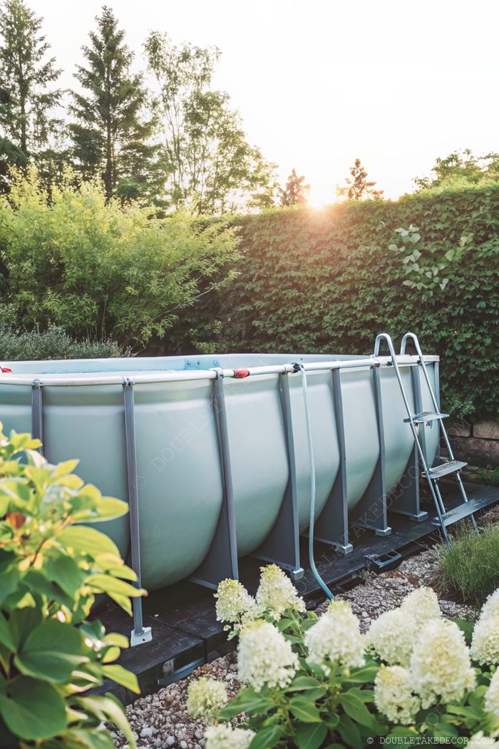 Rounded above-ground swimming pool with metallic framing, access ladder, and surrounded by lush greenery and white hydrangeas in a sunlit backyard.