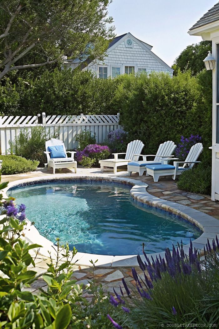 Serene backyard pool with stone patio, surrounded by lush greenery and comfortable Adirondack chairs for relaxation.