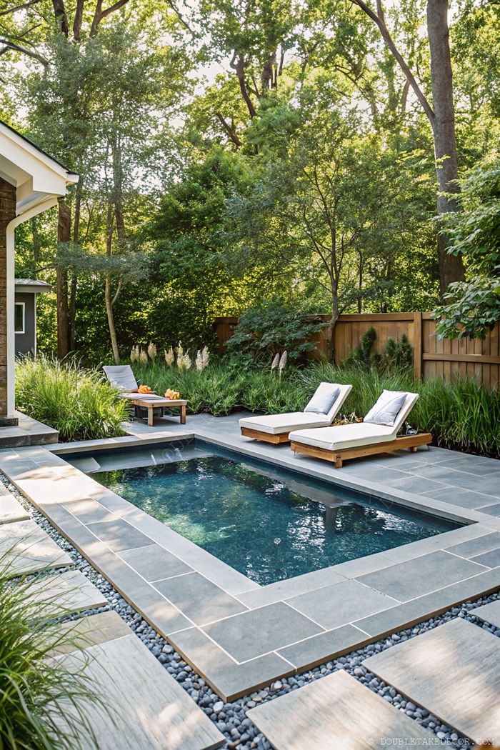 Small rectangular swimming pool with dark water surrounded by stone patio, modern loungers, and lush greenery for backyard relaxation