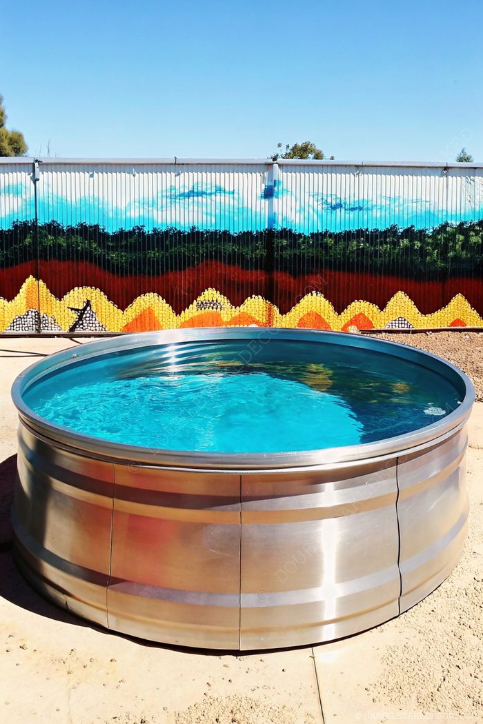 A round stainless steel swimming pool filled with clear water, set against a vibrant landscape mural creating an inviting outdoor retreat.
