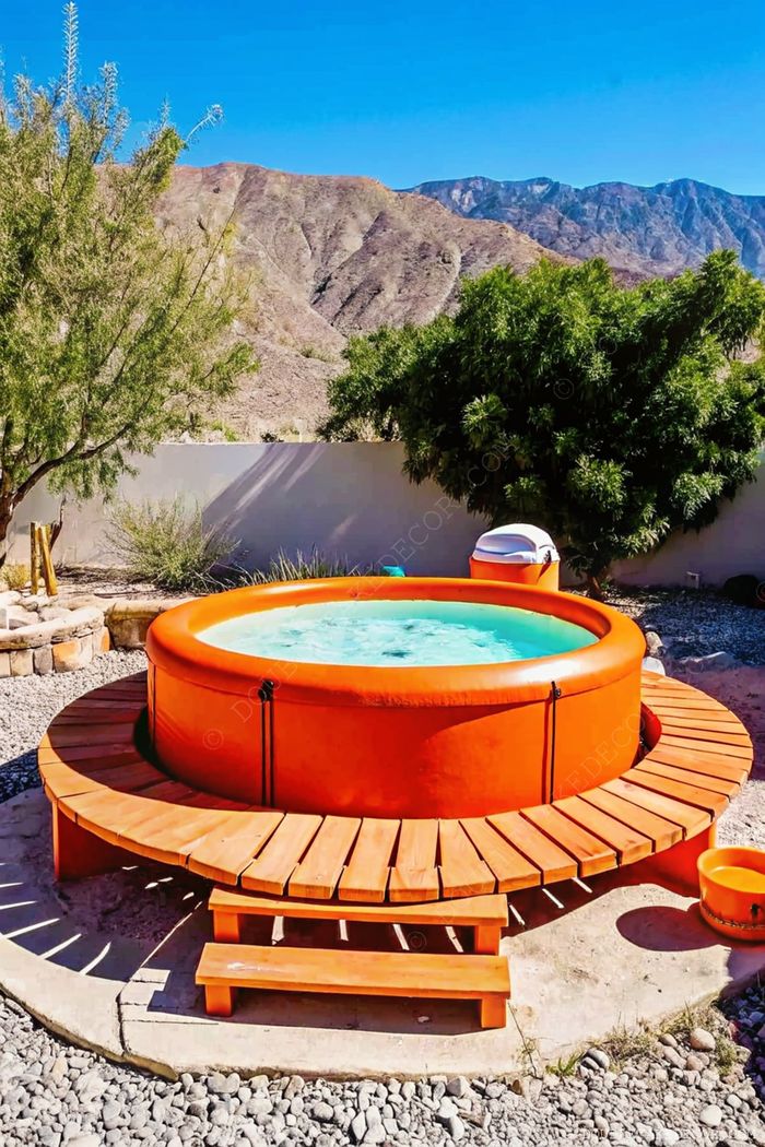 Orange circular hot tub on curved wooden deck, set against mountainous backdrop with trees and decorative gravel landscaping.