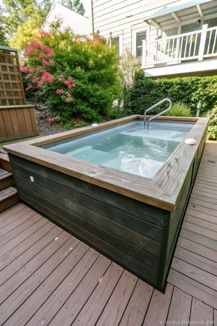 Rectangular hot tub with wooden frame on a two-tone deck, featuring stainless steel rails and surrounded by lush greenery