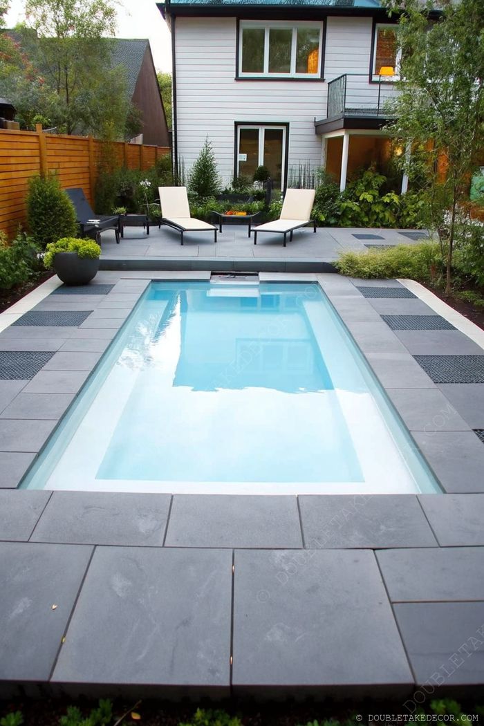 Rectangular swimming pool with blue water, gray paving stones, stylish loungers, and lush greenery creating a serene outdoor retreat