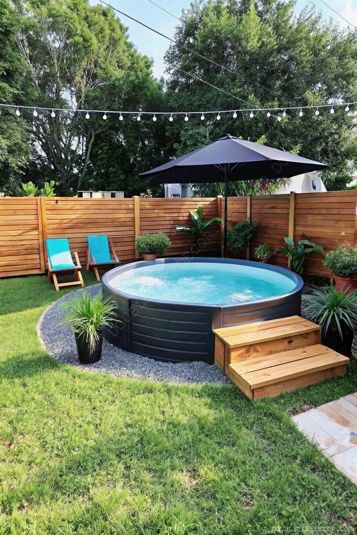 Stylish backyard oasis with round black hot tub, turquoise loungers, black umbrella, and string lights creating a serene retreat space.