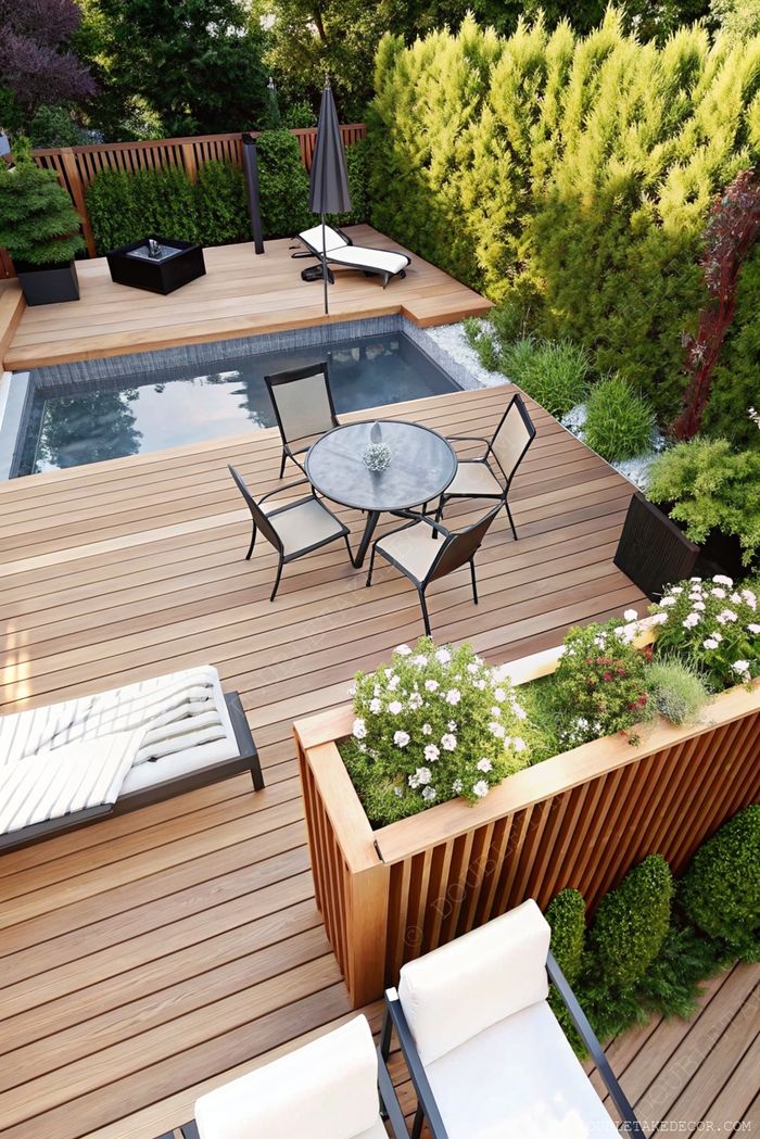Rectangular pool surrounded by wooden deck featuring dining set, lounger, fire pit, and umbrella, enclosed by lush greenery for privacy
