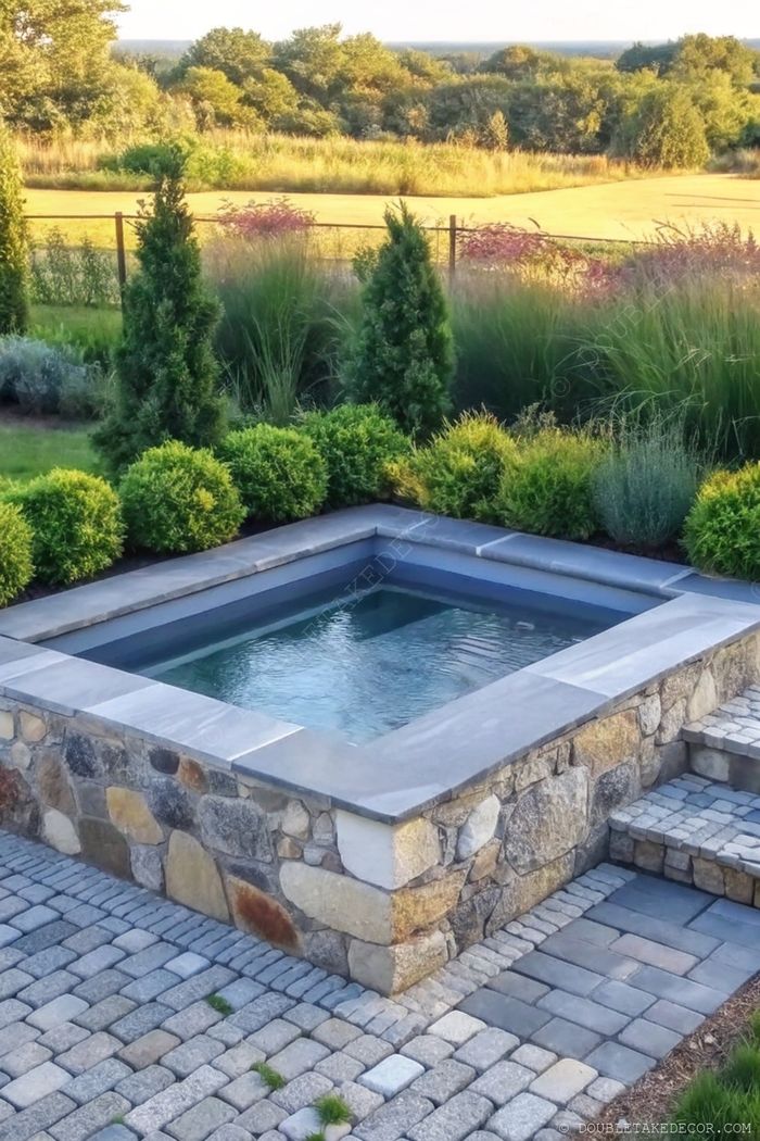 Square spa with stone and gray tiles surrounded by trimmed bushes, conifers, and ornamental grasses in a serene backyard setting.