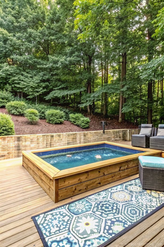 Serene outdoor space with wooden hot tub on deck, surrounded by lush greenery and paired with gray loungers and decorative rug.