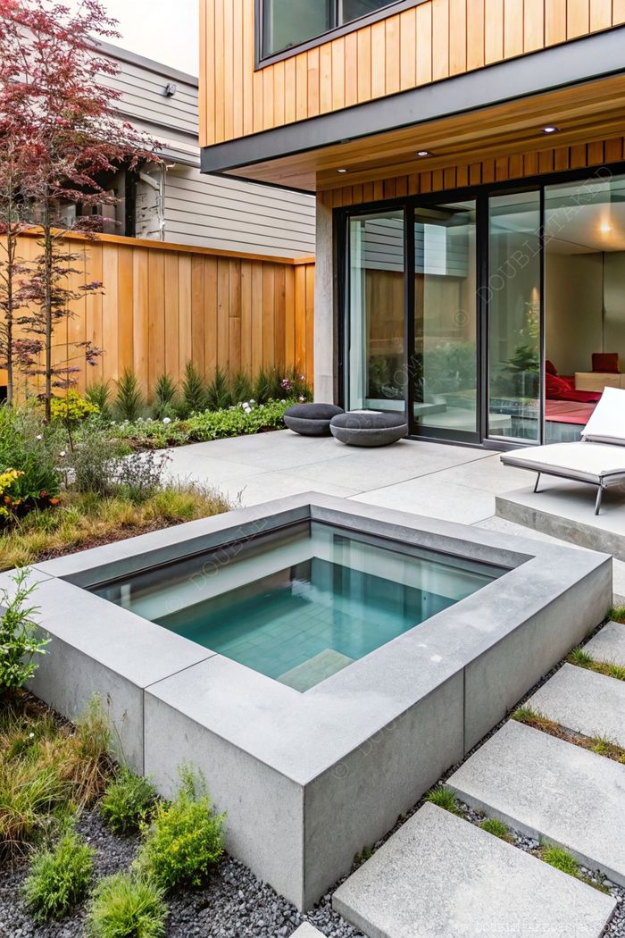 Modern square shallow pool with concrete border surrounded by grass, connecting to a stone pathway and contemporary wooden building.