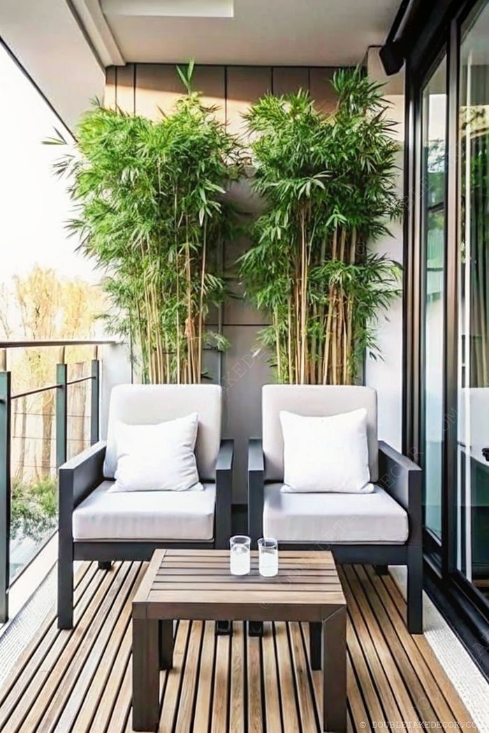 Modern balcony with gray armchairs, wooden coffee table, and bamboo plants creating a serene outdoor lounge space.
