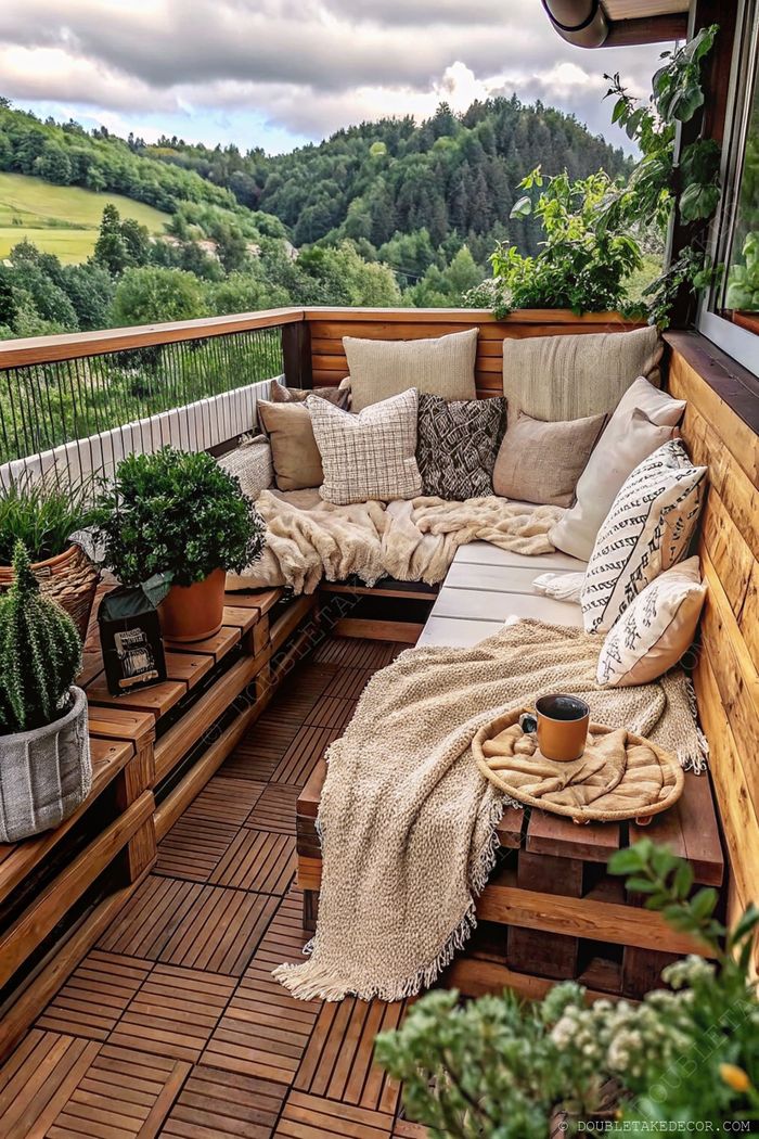 Wooden balcony bench with neutral cushions, textured blanket, potted plants, and a stunning view of hills and trees.