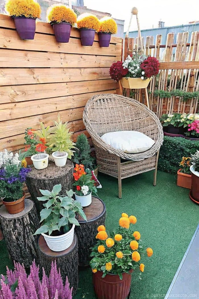 Cozy woven chair with cushion surrounded by wooden stools with potted plants, rustic fence backdrop, yellow flower pots and green turf create an inviting balcony oasis.