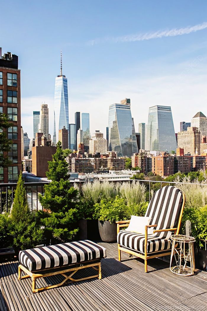 Stylish rooftop terrace with black and white striped furniture, potted plants, and panoramic city skyline views on wooden decking.