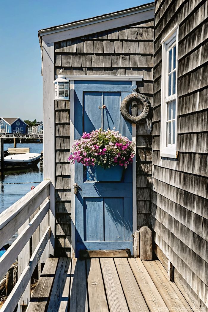 Charming coastal entrance with blue door, weathered shingles, hanging flowers, and nautical accents overlooking a serene waterfront with boats.