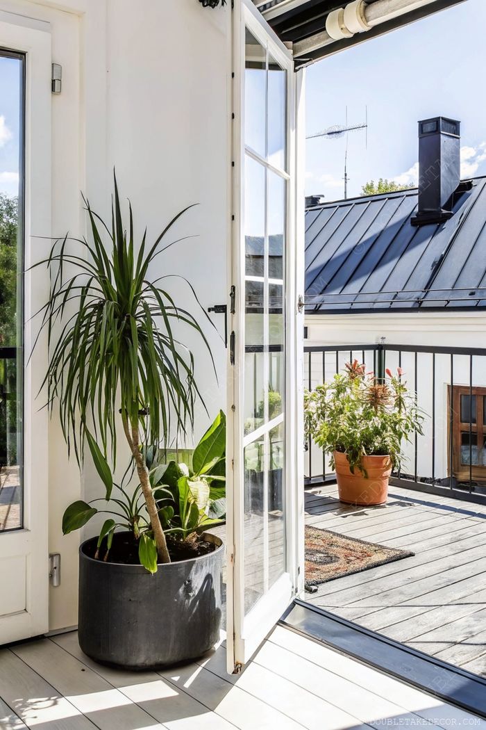 Bright interior with open glass door to a small balcony, featuring a large potted plant and terracotta planters on weathered wood flooring.