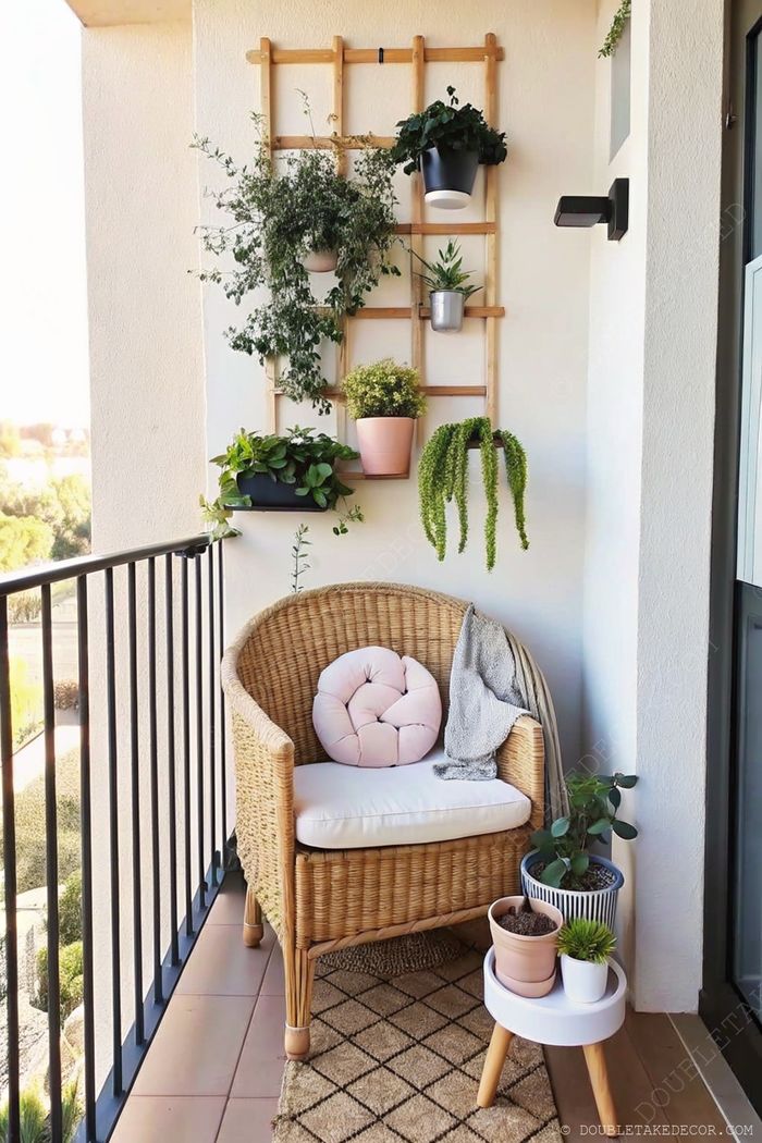 Round wicker chair with pink cushion and throw blanket on a balcony with a wooden trellis, hanging plants, and stylish side table.