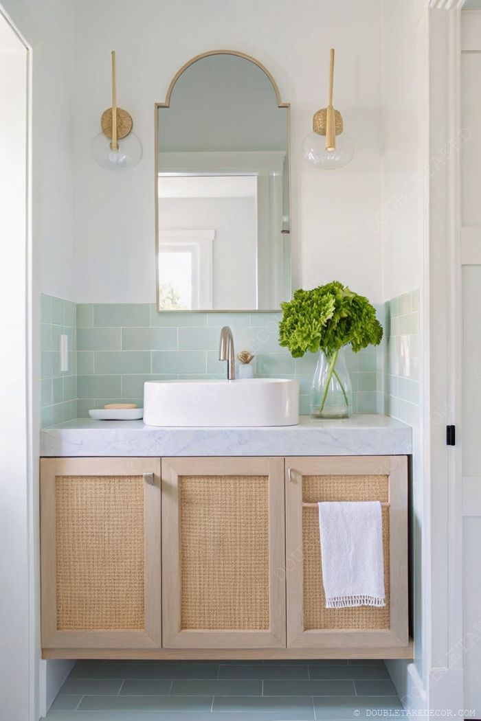 Salle de bain moderne avec meuble-vasque en bois clair à façade en rotin, plan de travail en marbre blanc et miroir arqué entre deux appliques murales.