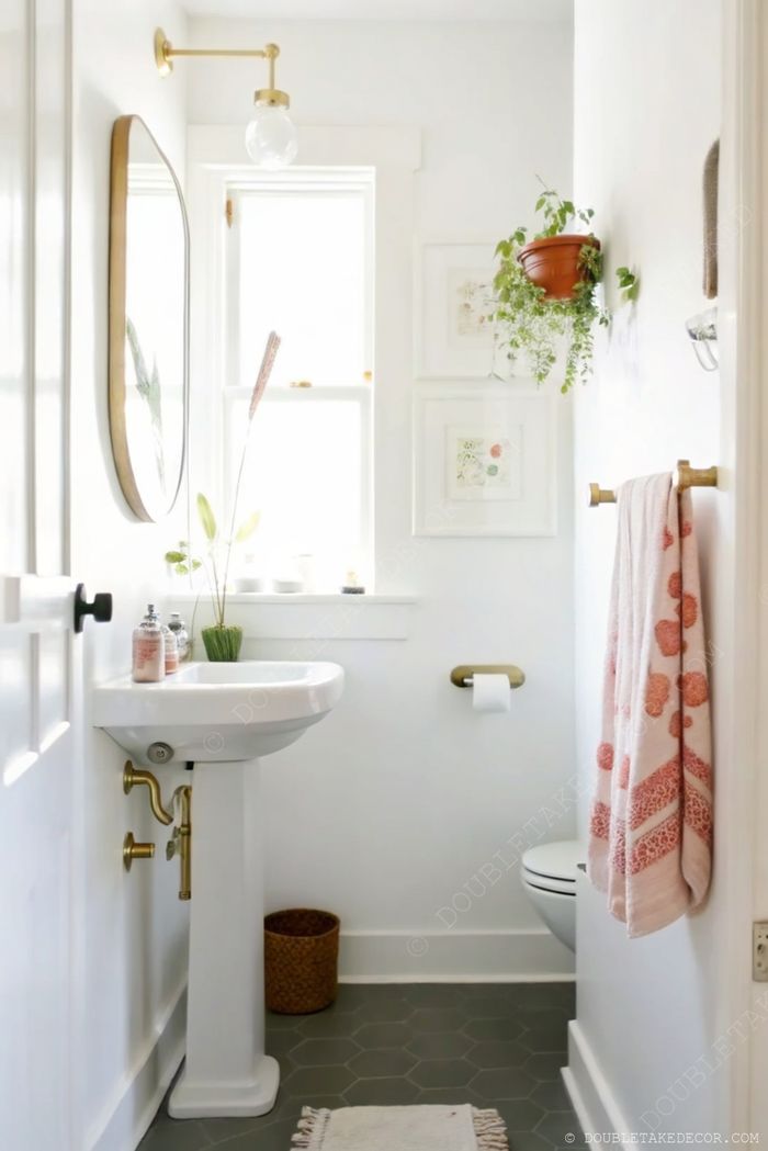 Salle de bain blanche moderne avec miroir rond à cadre doré, lavabo sur pied, carrelage hexagonal et touches végétales.