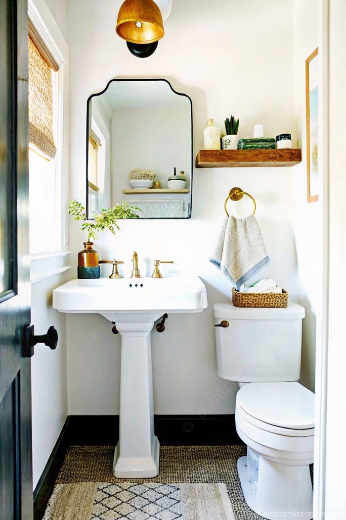Salle de bain moderne avec lavabo sur pied blanc, robinetterie dorée, miroir à bord festonné et touches de bois chaleureux pour le rangement.