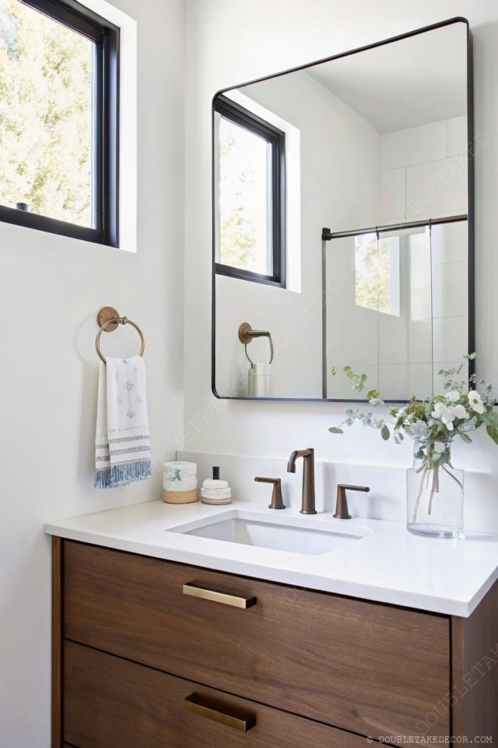 Salle de bain moderne avec meuble en bois et poignées en laiton, miroir rond à cadre noir et vasque intégrée, baignée de lumière naturelle.