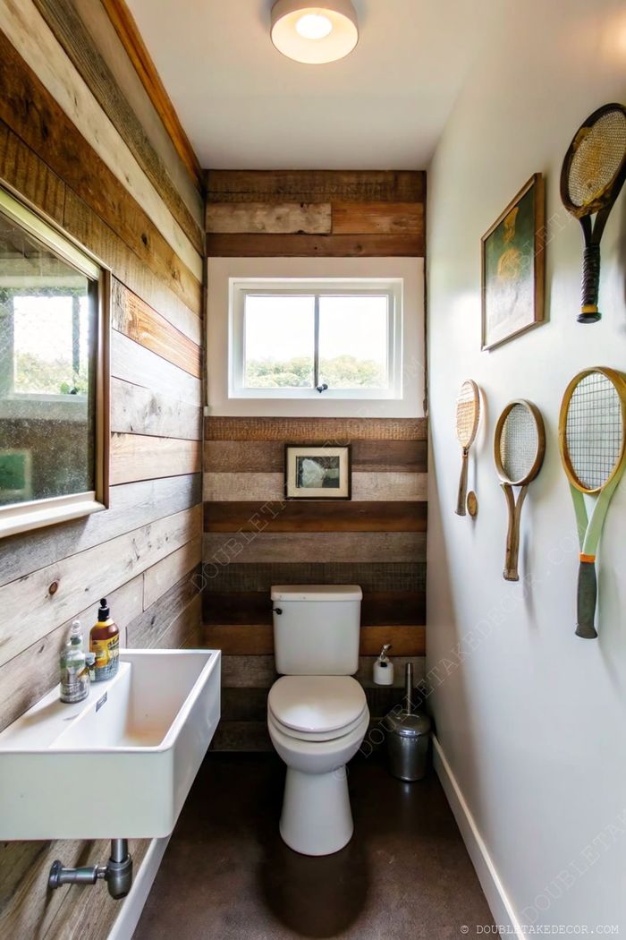 Petite salle d’eau avec murs en planches de bois, lavabo mural, décoration avec raquette de tennis vintage et robinetterie moderne.