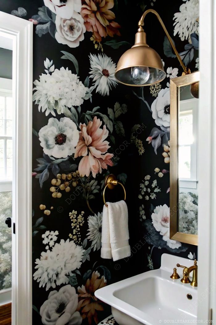 Petite salle d’eau avec papier peint à grandes fleurs, détails dorés, porte-serviettes rond et luminaire en laiton moderne au-dessus d’un lavabo blanc.