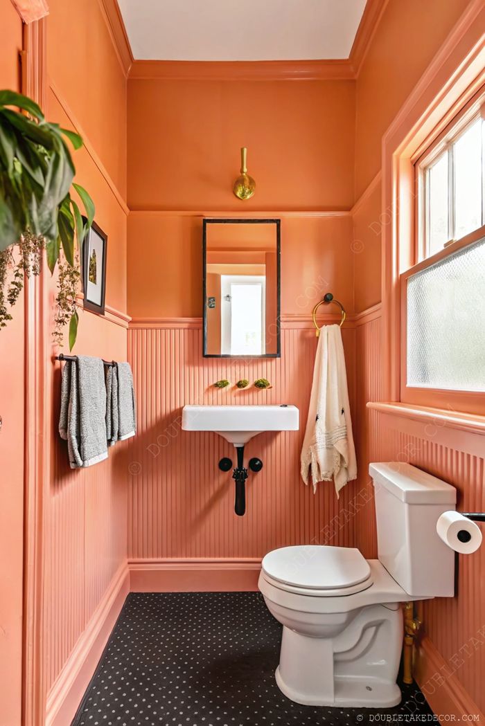 Petite salle d’eau moderne avec murs corail, lambris, miroir rond à cadre noir au-dessus d’un lavabo mural avec robinets noirs et dorés.