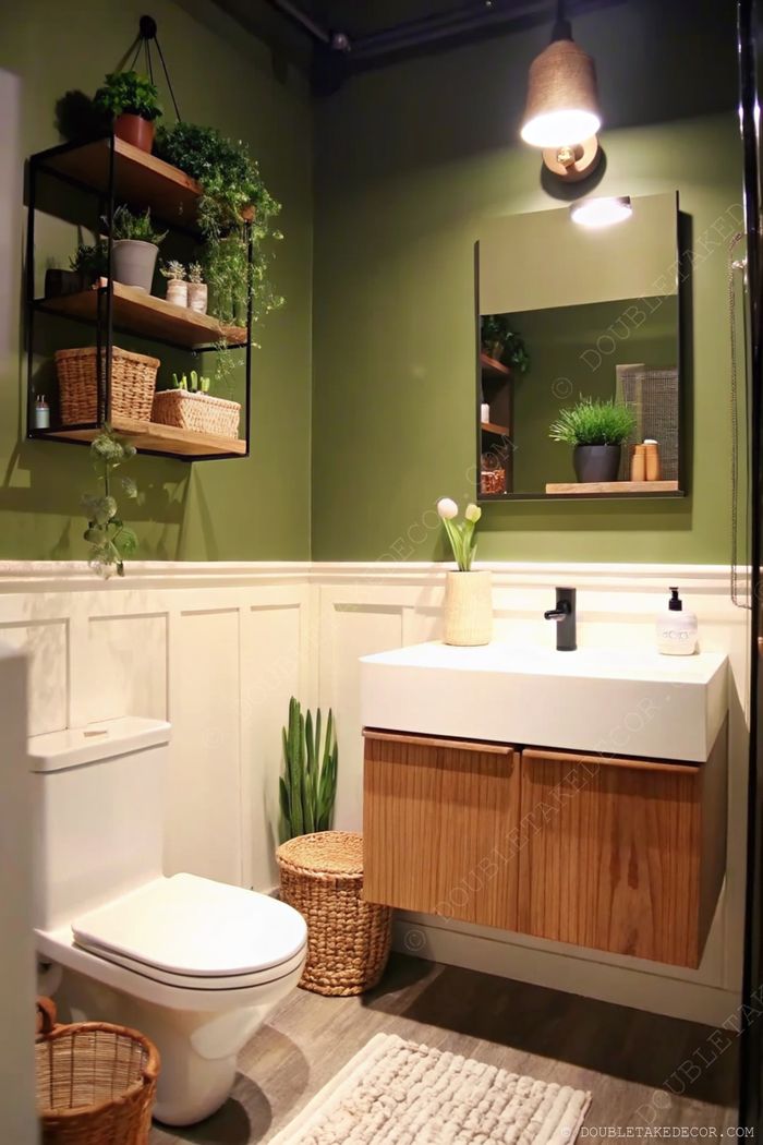 Salle de bain moderne avec murs vert foncé, lavabo blanc, meuble sombre et plantes décoratives sur étagères ouvertes.