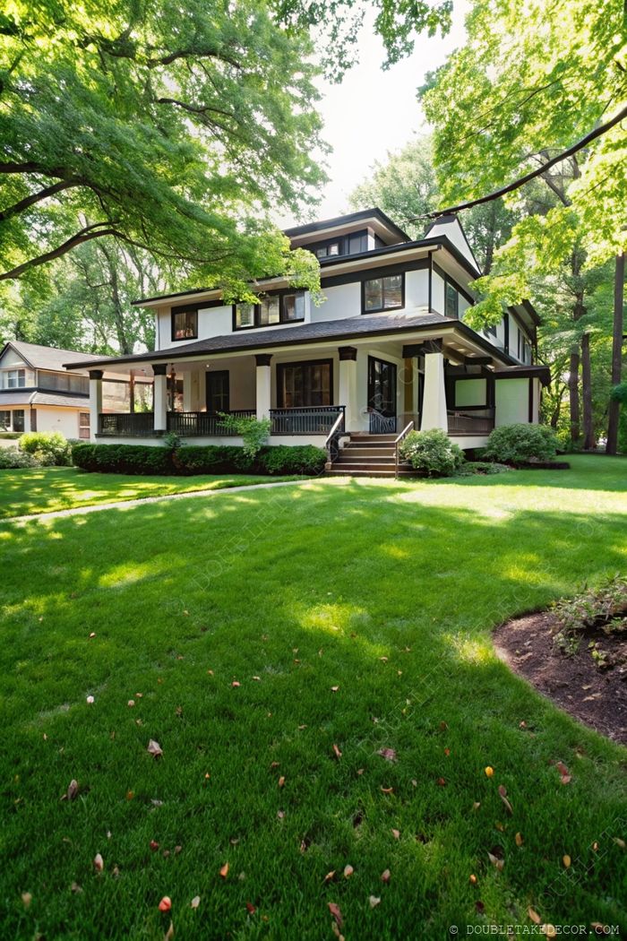 Stunning modern home with a spacious wraparound porch, elegant columns, and lush landscaping in a serene setting.