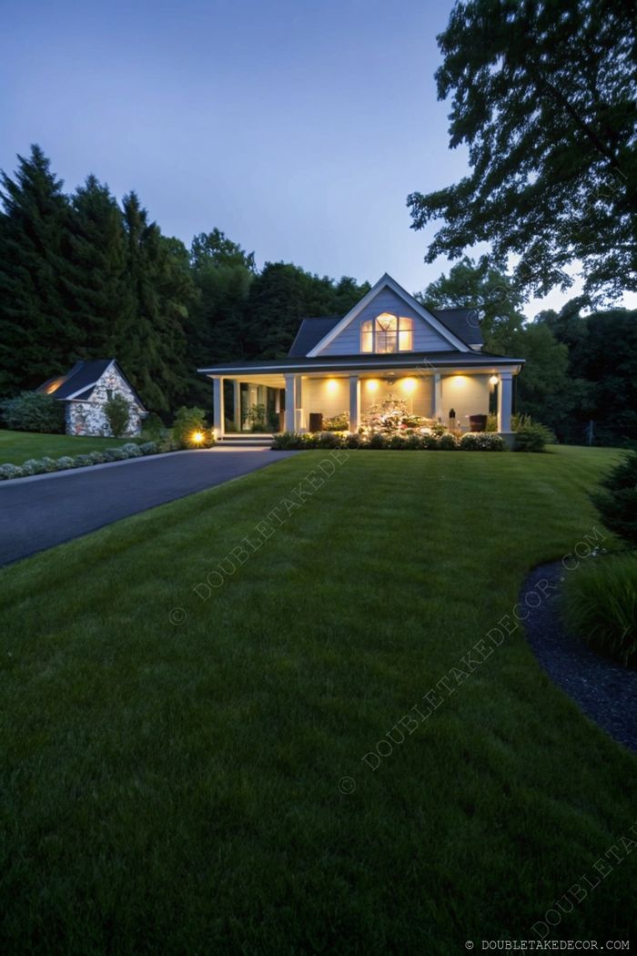 A welcoming home with illuminated windows and wraparound porch set against twilight, surrounded by lush landscaping and gentle lighting.