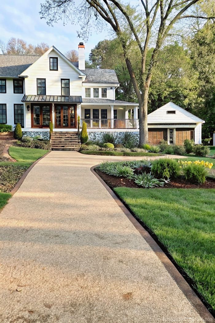 Elegant two-story modern farmhouse with white siding, wraparound porch, wooden double doors and beautifully landscaped front yard
