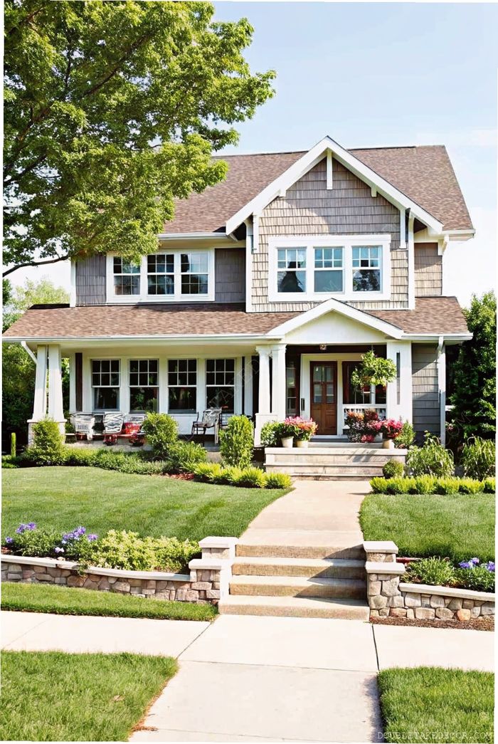 Two-story house with shingle and lap siding, featuring a welcoming porch with comfortable chairs and colorful garden landscaping.