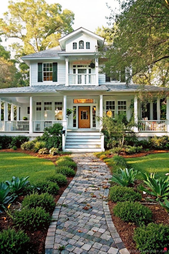 Elegant two-story white house with dark green shutters and a welcoming wraparound porch surrounded by lush landscaping.