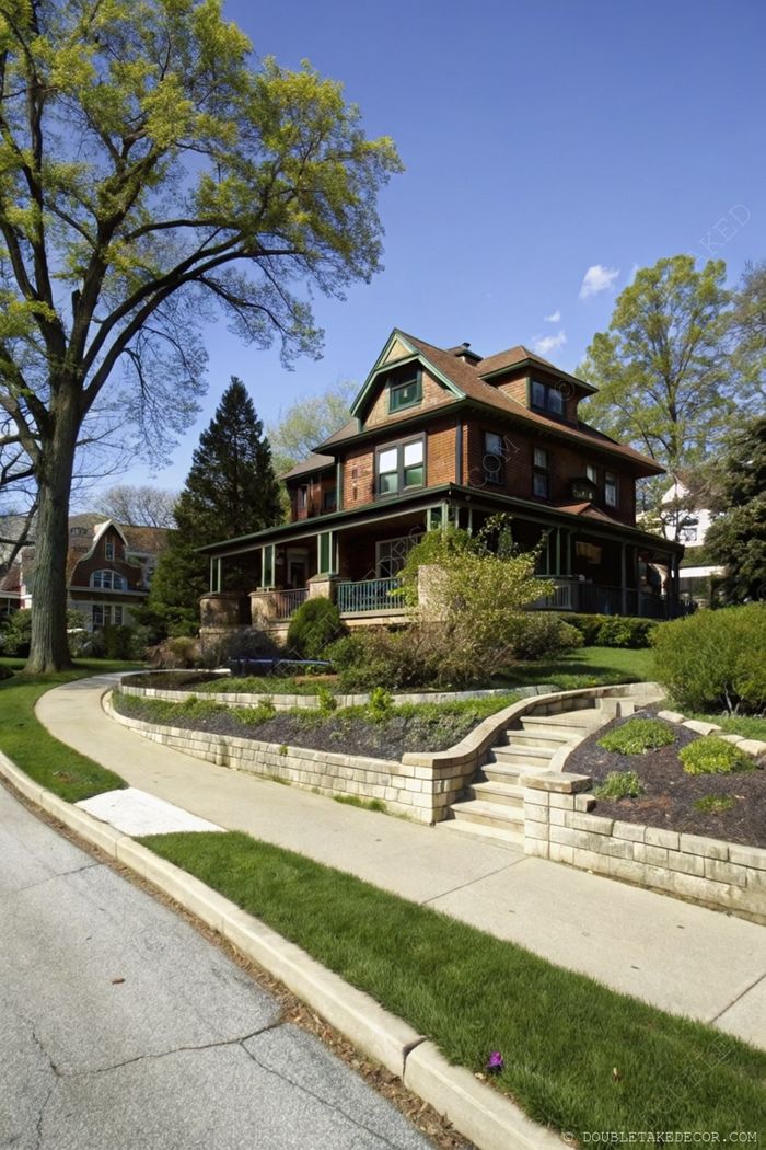 Elegant multi-story brick house with green trim featuring a spacious wraparound porch surrounded by manicured gardens and a winding walkway.