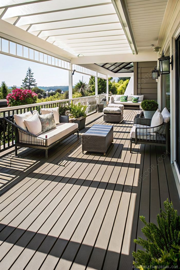 Stylish wraparound deck with white-cushioned sofas, coffee table, and potted plants under a shaded structure.