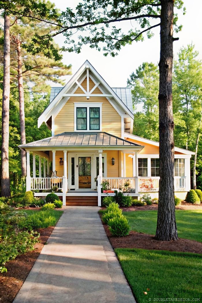 Two-story yellow house with white trim featuring a welcoming wraparound porch, vibrant flower beds, and lush landscaping.