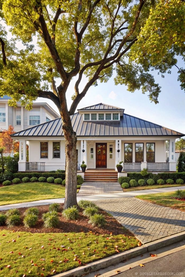 Elegant white house with metal roof, wooden double doors, and a wraparound porch surrounded by manicured landscaping.