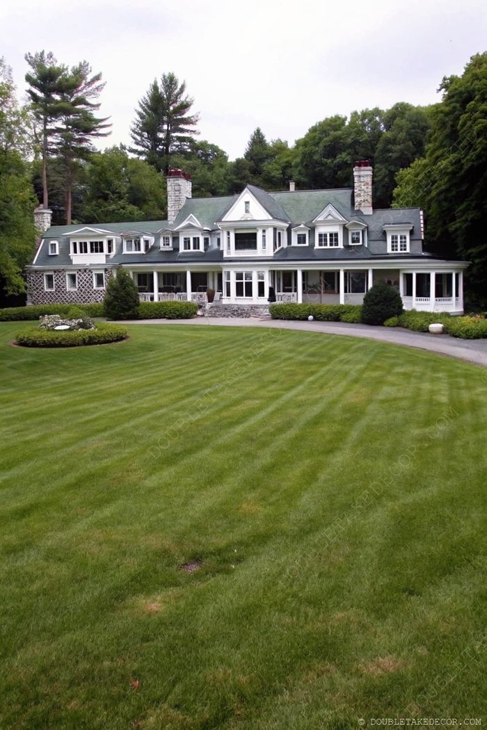 Grand multi-story house with stone and green siding, featuring a wraparound porch and beautifully landscaped yard with striped lawn