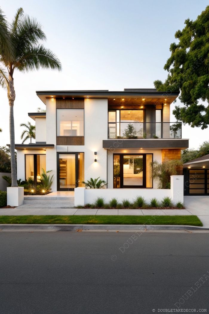 Contemporary two-story home featuring a wraparound porch with white walls, wooden accents, and lush landscaping for a welcoming exterior.