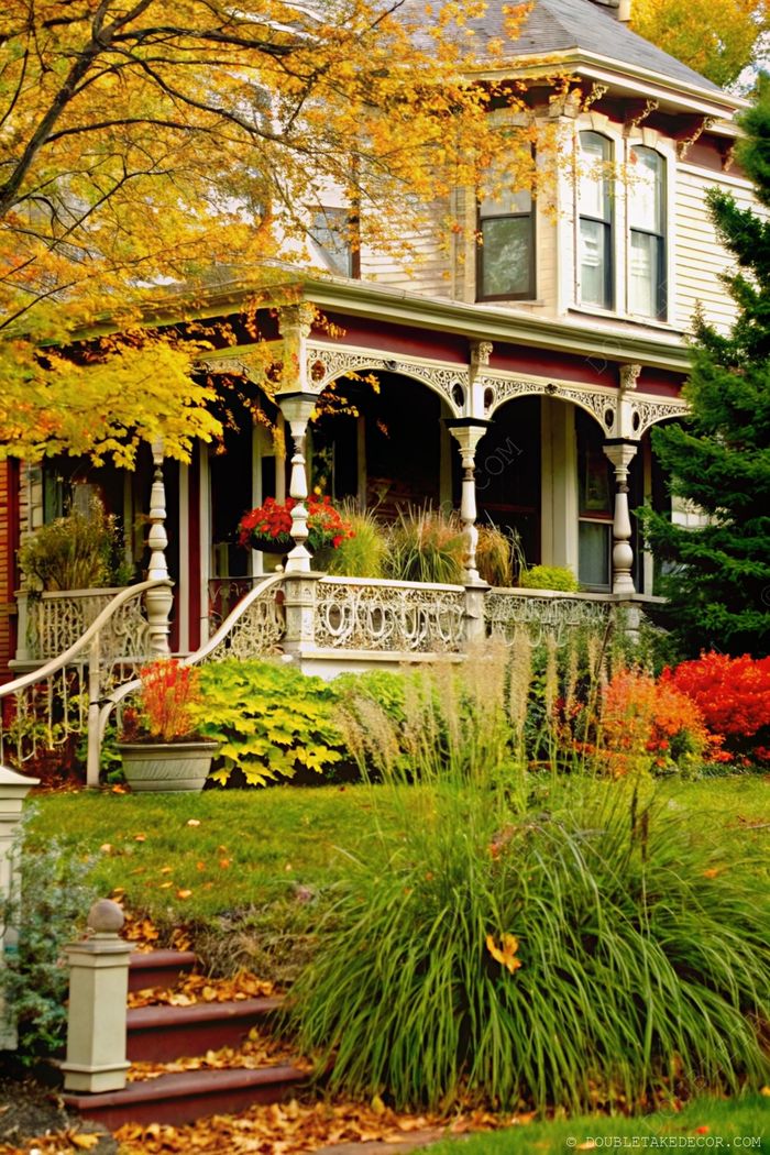 Victorian house with ornate porch details surrounded by vibrant fall foliage and colorful flower planters