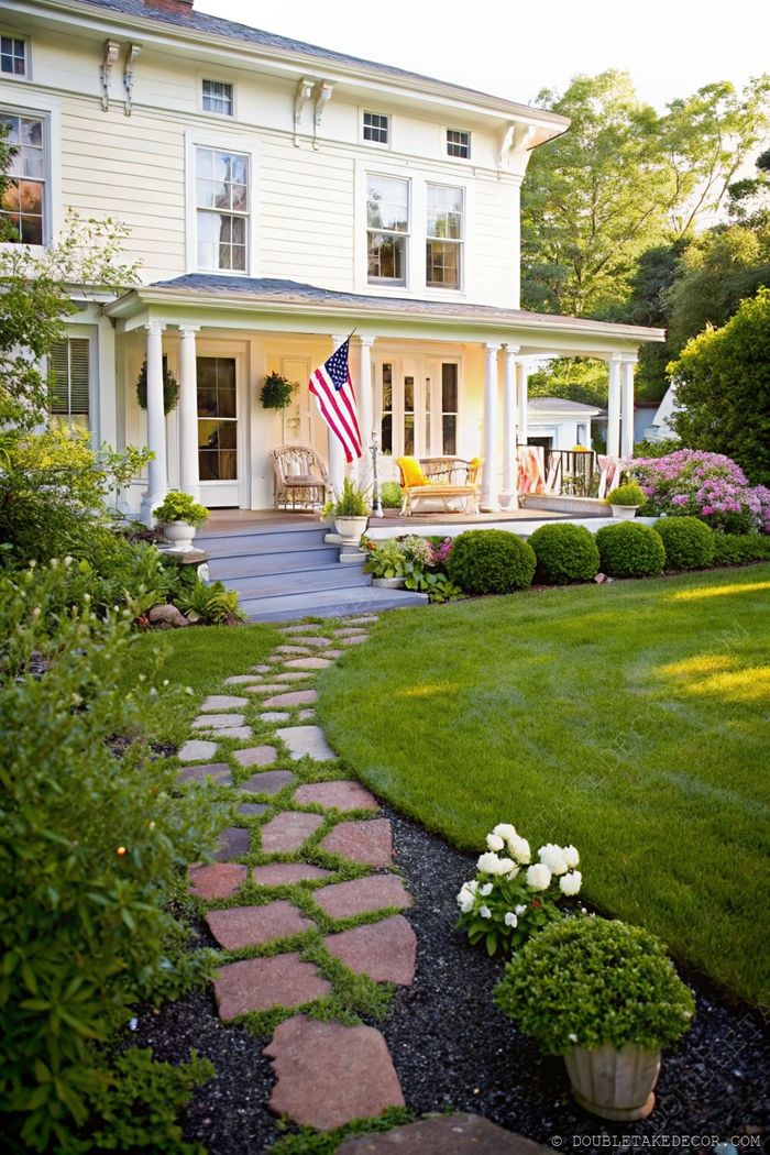 Inviting yellow house with white trim featuring wicker seating, yellow accent chair, and American flag on a beautifully landscaped curved stone pathway.
