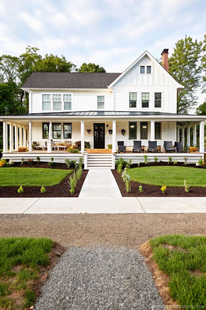 Modern farmhouse with inviting wraparound porch, white columns, outdoor seating, and beautifully landscaped front yard