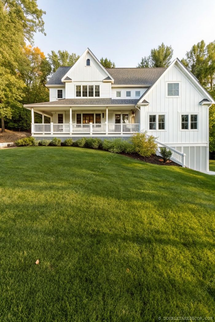 Inviting white farmhouse with a spacious wraparound porch, dark roof, and manicured lawn surrounded by trees