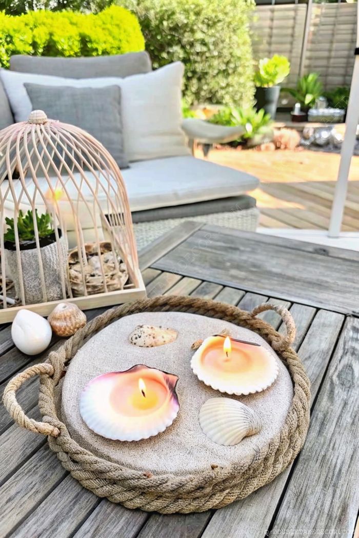 Lit shell candles on a natural fiber tray with seashells, complementing a cozy outdoor seating area with nautical accents.
