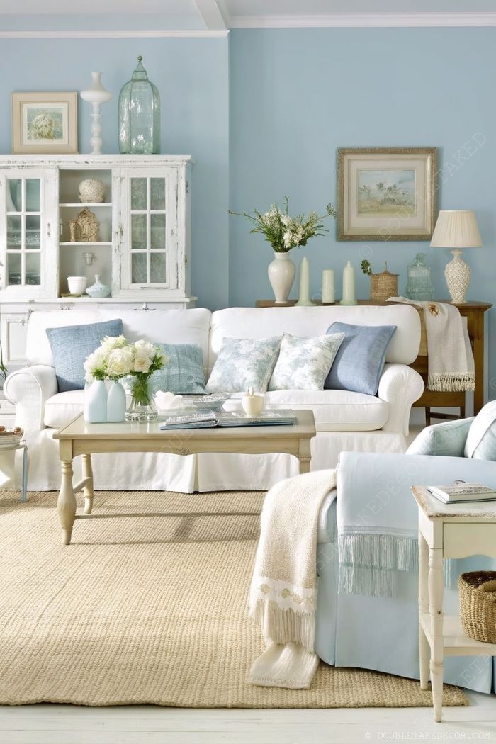 Cozy living room with blue walls, white sofa, wooden coffee table, vintage cabinet and soft textiles creating a shabby chic sanctuary