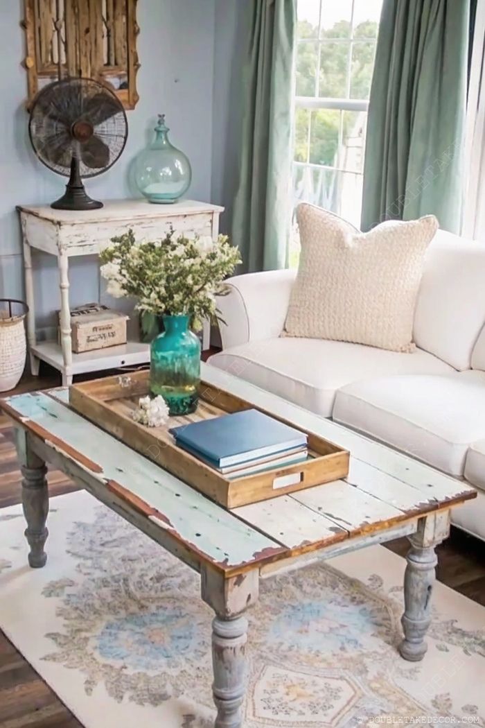 Distressed blue coffee table with wooden tray, vintage side table, and soft blue walls creating a charming shabby chic living room atmosphere.