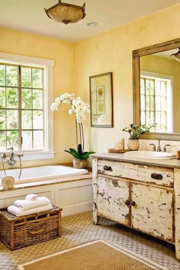 Warm yellow bathroom featuring a soaking tub, distressed white wooden vanity, and rustic mirror with elegant orchid accent