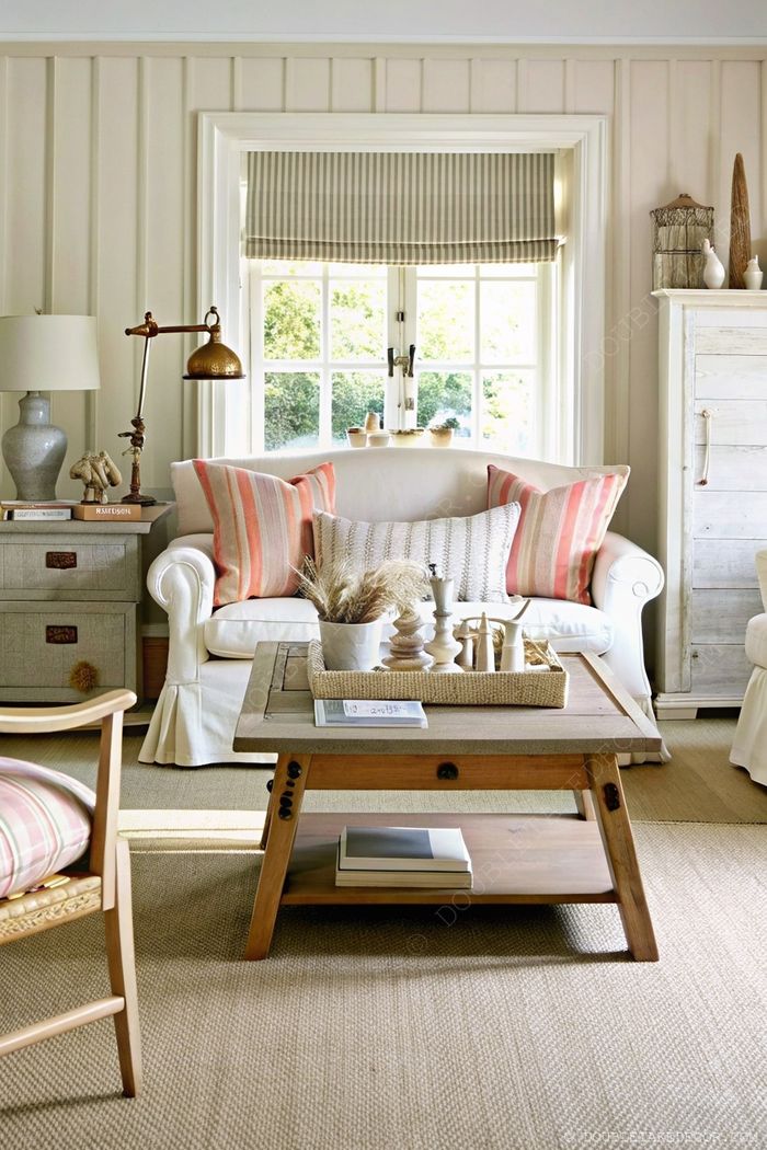 Cozy living room with white sofa, striped pillows, rustic wood coffee table, and vertical paneled walls in soft neutral tones.