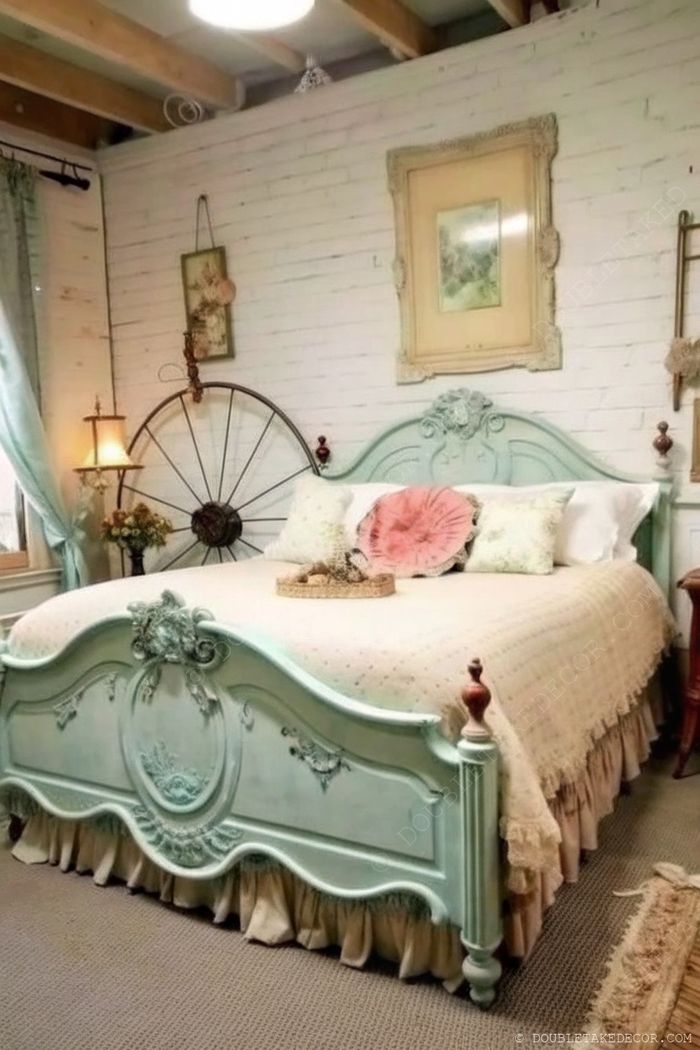Bájos hálószoba vintage menta zöld ággyal, romantikus fodros ágytakaróval, rusztikus faldekorral. Tökéletes shabby chic hangulat.