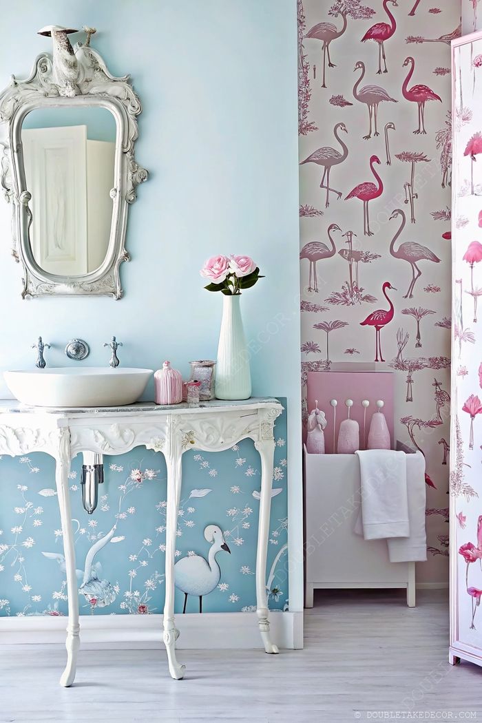 Elegáns fürdő a finomkék falakkal, flamingós tapétával, vintage fehér szekrénnyel és rózsaszín rózsákkal. Igazi shabby chic hangulat.